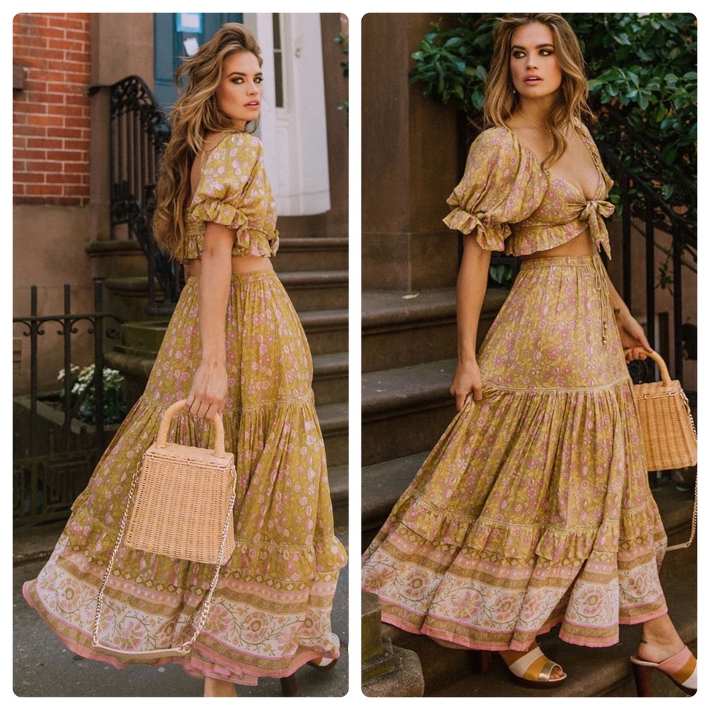 Spell Dahlia Maxi Skirt Bronze Boho Gold Yellow Pink Size Extra Small